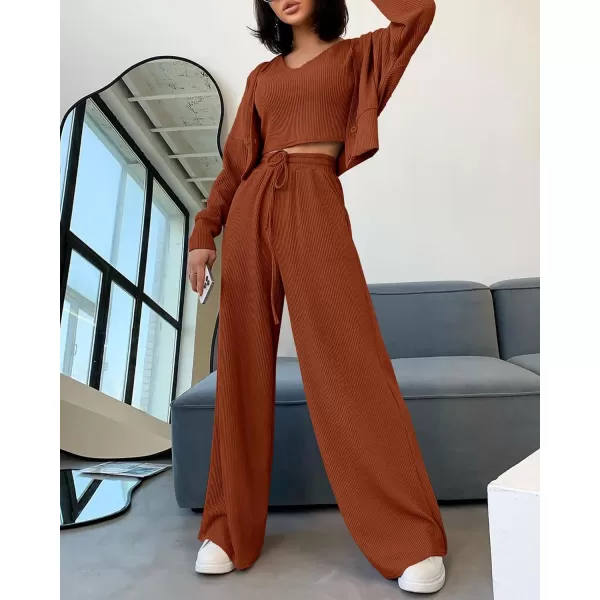 imageBTFBM Womens Fall 3 Piece Outfits Fashion Matching Sets Ribbed Knit Cardigan Cropped Tank Tops Wide Leg Pant TracksuitsSolid Brown