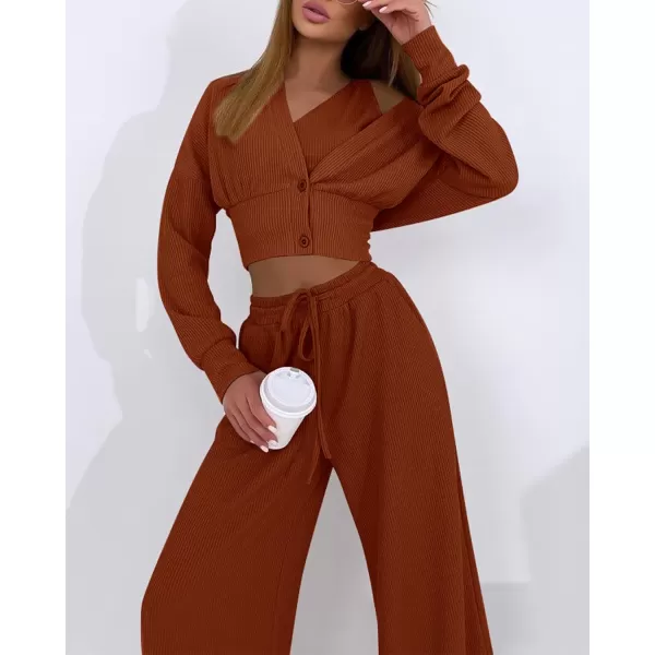 imageBTFBM Womens Fall 3 Piece Outfits Fashion Matching Sets Ribbed Knit Cardigan Cropped Tank Tops Wide Leg Pant TracksuitsSolid Brown