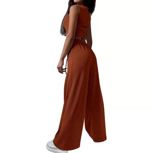 imageBTFBM Womens Fall 3 Piece Outfits Fashion Matching Sets Ribbed Knit Cardigan Cropped Tank Tops Wide Leg Pant TracksuitsSolid Brown