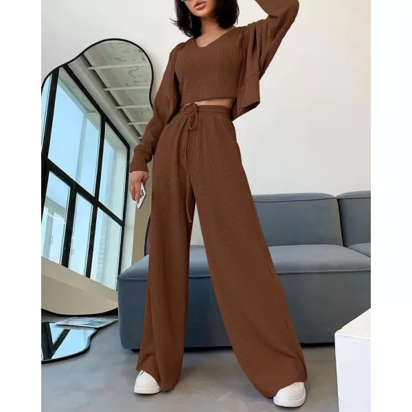 imageBTFBM Womens Fall 3 Piece Outfits Fashion Matching Sets Ribbed Knit Cardigan Cropped Tank Tops Wide Leg Pant TracksuitsSolid Coffee