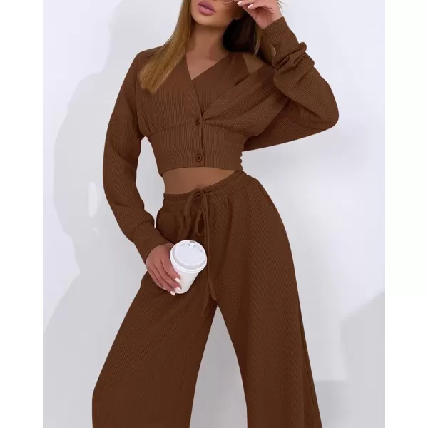 imageBTFBM Womens Fall 3 Piece Outfits Fashion Matching Sets Ribbed Knit Cardigan Cropped Tank Tops Wide Leg Pant TracksuitsSolid Coffee