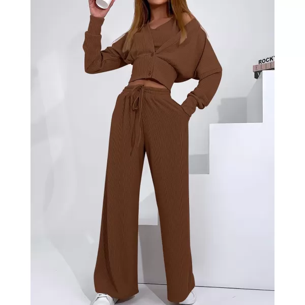 imageBTFBM Womens Fall 3 Piece Outfits Fashion Matching Sets Ribbed Knit Cardigan Cropped Tank Tops Wide Leg Pant TracksuitsSolid Coffee