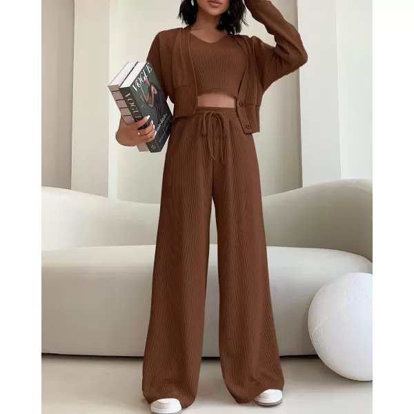 imageBTFBM Womens Fall 3 Piece Outfits Fashion Matching Sets Ribbed Knit Cardigan Cropped Tank Tops Wide Leg Pant TracksuitsSolid Coffee