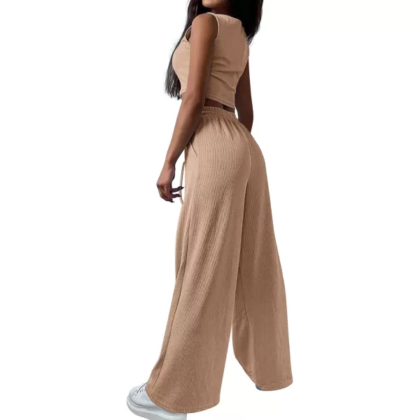 imageBTFBM Womens Fall 3 Piece Outfits Fashion Matching Sets Ribbed Knit Cardigan Cropped Tank Tops Wide Leg Pant TracksuitsSolid Khaki