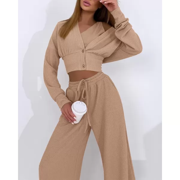imageBTFBM Womens Fall 3 Piece Outfits Fashion Matching Sets Ribbed Knit Cardigan Cropped Tank Tops Wide Leg Pant TracksuitsSolid Khaki