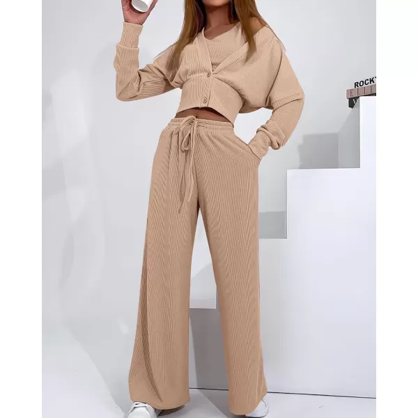 imageBTFBM Womens Fall 3 Piece Outfits Fashion Matching Sets Ribbed Knit Cardigan Cropped Tank Tops Wide Leg Pant TracksuitsSolid Khaki