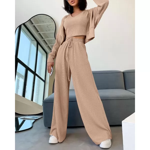 imageBTFBM Womens Fall 3 Piece Outfits Fashion Matching Sets Ribbed Knit Cardigan Cropped Tank Tops Wide Leg Pant TracksuitsSolid Khaki