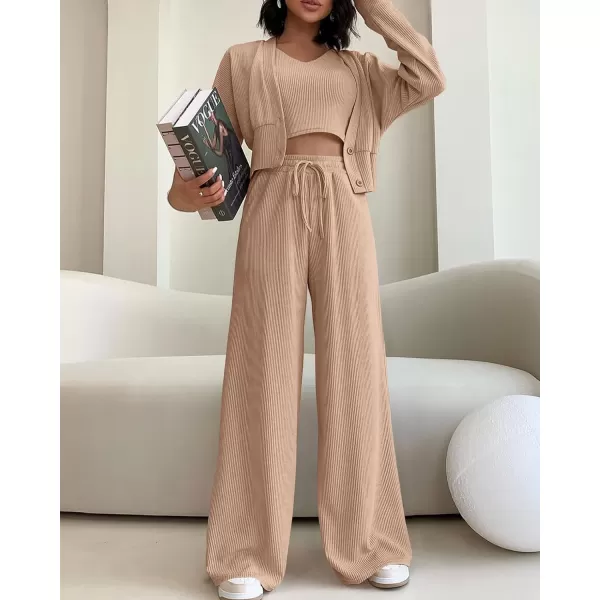 imageBTFBM Womens Fall 3 Piece Outfits Fashion Matching Sets Ribbed Knit Cardigan Cropped Tank Tops Wide Leg Pant TracksuitsSolid Khaki