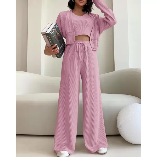 imageBTFBM Womens Fall 3 Piece Outfits Fashion Matching Sets Ribbed Knit Cardigan Cropped Tank Tops Wide Leg Pant TracksuitsSolid Pink