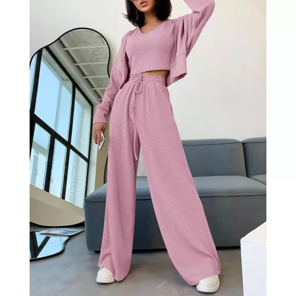 imageBTFBM Womens Fall 3 Piece Outfits Fashion Matching Sets Ribbed Knit Cardigan Cropped Tank Tops Wide Leg Pant TracksuitsSolid Pink