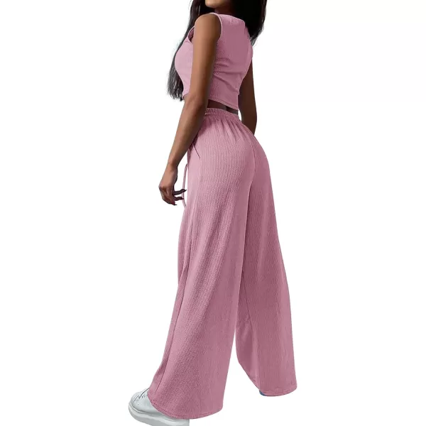 imageBTFBM Womens Fall 3 Piece Outfits Fashion Matching Sets Ribbed Knit Cardigan Cropped Tank Tops Wide Leg Pant TracksuitsSolid Pink