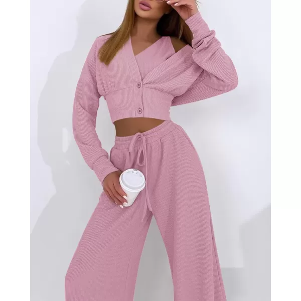 imageBTFBM Womens Fall 3 Piece Outfits Fashion Matching Sets Ribbed Knit Cardigan Cropped Tank Tops Wide Leg Pant TracksuitsSolid Pink