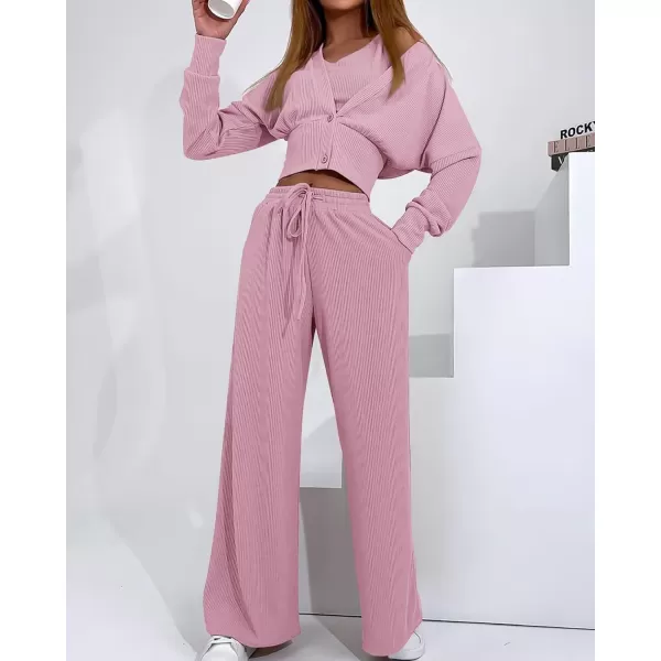imageBTFBM Womens Fall 3 Piece Outfits Fashion Matching Sets Ribbed Knit Cardigan Cropped Tank Tops Wide Leg Pant TracksuitsSolid Pink