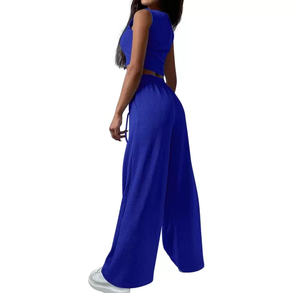 imageBTFBM Womens Fall 3 Piece Outfits Fashion Matching Sets Ribbed Knit Cardigan Cropped Tank Tops Wide Leg Pant TracksuitsSolid Royal Blue