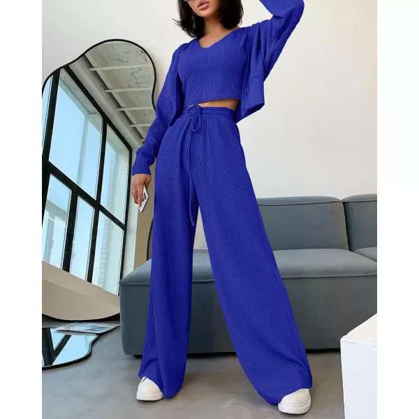 imageBTFBM Womens Fall 3 Piece Outfits Fashion Matching Sets Ribbed Knit Cardigan Cropped Tank Tops Wide Leg Pant TracksuitsSolid Royal Blue