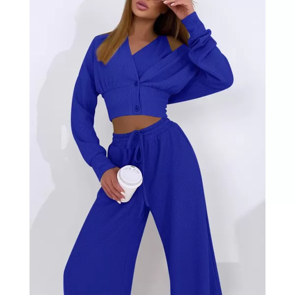 imageBTFBM Womens Fall 3 Piece Outfits Fashion Matching Sets Ribbed Knit Cardigan Cropped Tank Tops Wide Leg Pant TracksuitsSolid Royal Blue