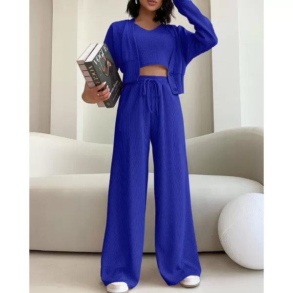 imageBTFBM Womens Fall 3 Piece Outfits Fashion Matching Sets Ribbed Knit Cardigan Cropped Tank Tops Wide Leg Pant TracksuitsSolid Royal Blue