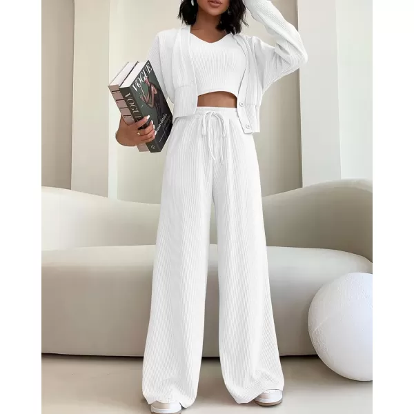 imageBTFBM Womens Fall 3 Piece Outfits Fashion Matching Sets Ribbed Knit Cardigan Cropped Tank Tops Wide Leg Pant TracksuitsSolid White