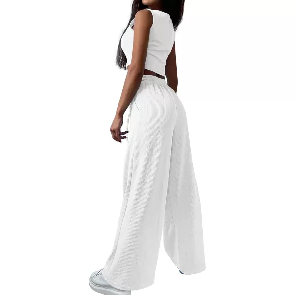imageBTFBM Womens Fall 3 Piece Outfits Fashion Matching Sets Ribbed Knit Cardigan Cropped Tank Tops Wide Leg Pant TracksuitsSolid White