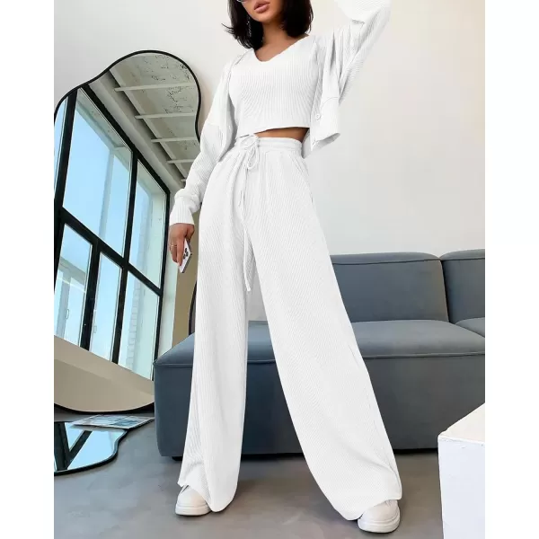 imageBTFBM Womens Fall 3 Piece Outfits Fashion Matching Sets Ribbed Knit Cardigan Cropped Tank Tops Wide Leg Pant TracksuitsSolid White