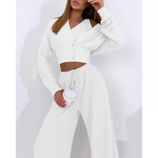 imageBTFBM Womens Fall 3 Piece Outfits Fashion Matching Sets Ribbed Knit Cardigan Cropped Tank Tops Wide Leg Pant TracksuitsSolid White