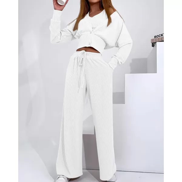 imageBTFBM Womens Fall 3 Piece Outfits Fashion Matching Sets Ribbed Knit Cardigan Cropped Tank Tops Wide Leg Pant TracksuitsSolid White