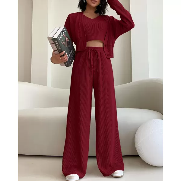 imageBTFBM Womens Fall 3 Piece Outfits Fashion Matching Sets Ribbed Knit Cardigan Cropped Tank Tops Wide Leg Pant TracksuitsSolid Wine Red