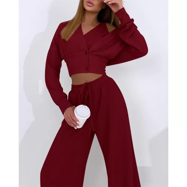 imageBTFBM Womens Fall 3 Piece Outfits Fashion Matching Sets Ribbed Knit Cardigan Cropped Tank Tops Wide Leg Pant TracksuitsSolid Wine Red