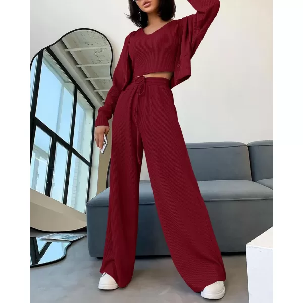 imageBTFBM Womens Fall 3 Piece Outfits Fashion Matching Sets Ribbed Knit Cardigan Cropped Tank Tops Wide Leg Pant TracksuitsSolid Wine Red