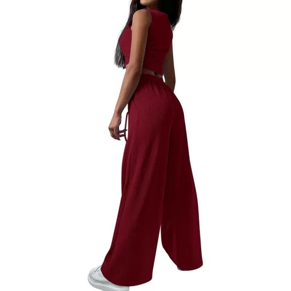 imageBTFBM Womens Fall 3 Piece Outfits Fashion Matching Sets Ribbed Knit Cardigan Cropped Tank Tops Wide Leg Pant TracksuitsSolid Wine Red