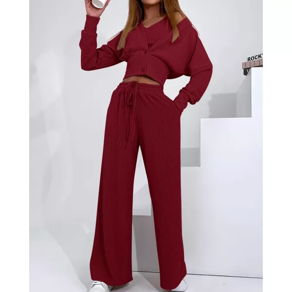 imageBTFBM Womens Fall 3 Piece Outfits Fashion Matching Sets Ribbed Knit Cardigan Cropped Tank Tops Wide Leg Pant TracksuitsSolid Wine Red