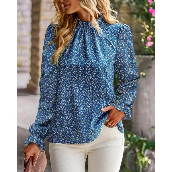 imageBTFBM Womens Fall Fashion 2023 Boho Tops Casual Frill Trim Mock Neck Shirts Puff Long Sleeve Blouse Floral Print TopFloral Blue