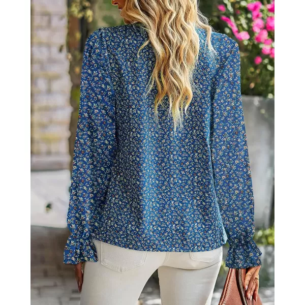 imageBTFBM Womens Fall Fashion 2023 Boho Tops Casual Frill Trim Mock Neck Shirts Puff Long Sleeve Blouse Floral Print TopFloral Blue