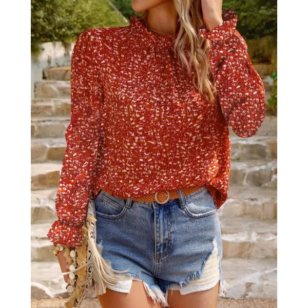 imageBTFBM Womens Fall Fashion 2023 Boho Tops Casual Frill Trim Mock Neck Shirts Puff Long Sleeve Blouse Floral Print TopFloral Orange Red