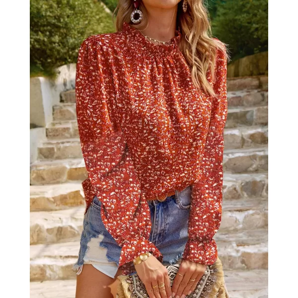 imageBTFBM Womens Fall Fashion 2023 Boho Tops Casual Frill Trim Mock Neck Shirts Puff Long Sleeve Blouse Floral Print TopFloral Orange Red