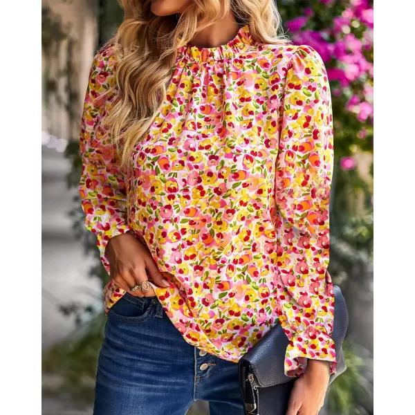 imageBTFBM Womens Fall Fashion 2023 Boho Tops Casual Frill Trim Mock Neck Shirts Puff Long Sleeve Blouse Floral Print TopFloral Pink