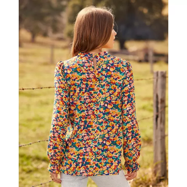 imageBTFBM Womens Fall Fashion 2023 Boho Tops Casual Frill Trim Mock Neck Shirts Puff Long Sleeve Blouse Floral Print TopFloral Royal Blue
