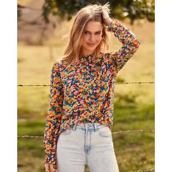 imageBTFBM Womens Fall Fashion 2023 Boho Tops Casual Frill Trim Mock Neck Shirts Puff Long Sleeve Blouse Floral Print TopFloral Royal Blue