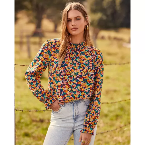 imageBTFBM Womens Fall Fashion 2023 Boho Tops Casual Frill Trim Mock Neck Shirts Puff Long Sleeve Blouse Floral Print TopFloral Royal Blue