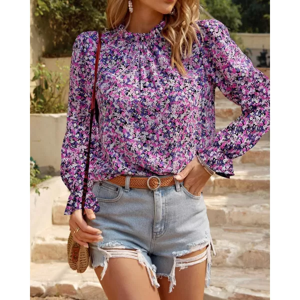 imageBTFBM Womens Fall Fashion 2023 Boho Tops Casual Frill Trim Mock Neck Shirts Puff Long Sleeve Blouse Floral Print TopFloral White Purple