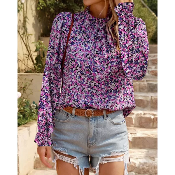 imageBTFBM Womens Fall Fashion 2023 Boho Tops Casual Frill Trim Mock Neck Shirts Puff Long Sleeve Blouse Floral Print TopFloral White Purple