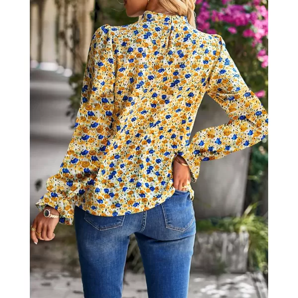 imageBTFBM Womens Fall Fashion 2023 Boho Tops Casual Frill Trim Mock Neck Shirts Puff Long Sleeve Blouse Floral Print TopFloral Yellow