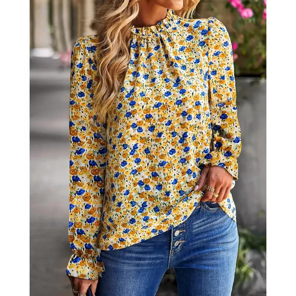 imageBTFBM Womens Fall Fashion 2023 Boho Tops Casual Frill Trim Mock Neck Shirts Puff Long Sleeve Blouse Floral Print TopFloral Yellow