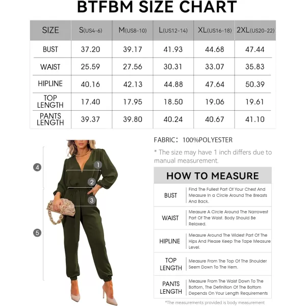 imageBTFBM Womens Fall Long Sleeve Jumpsuits Dressy Casual One Piece Outfits V Neck High Waist Belt Pocket Long Pants RomperSolid Army Green