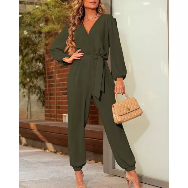 imageBTFBM Womens Fall Long Sleeve Jumpsuits Dressy Casual One Piece Outfits V Neck High Waist Belt Pocket Long Pants RomperSolid Army Green