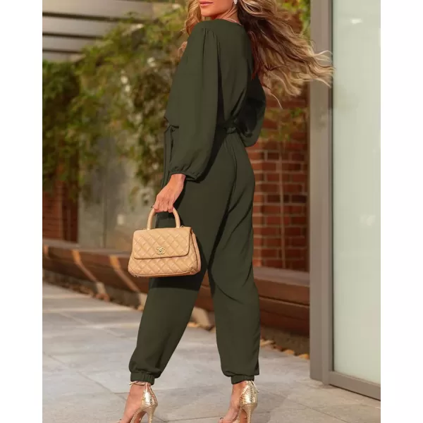imageBTFBM Womens Fall Long Sleeve Jumpsuits Dressy Casual One Piece Outfits V Neck High Waist Belt Pocket Long Pants RomperSolid Army Green