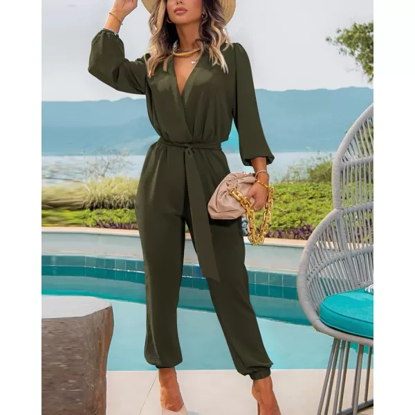imageBTFBM Womens Fall Long Sleeve Jumpsuits Dressy Casual One Piece Outfits V Neck High Waist Belt Pocket Long Pants RomperSolid Army Green