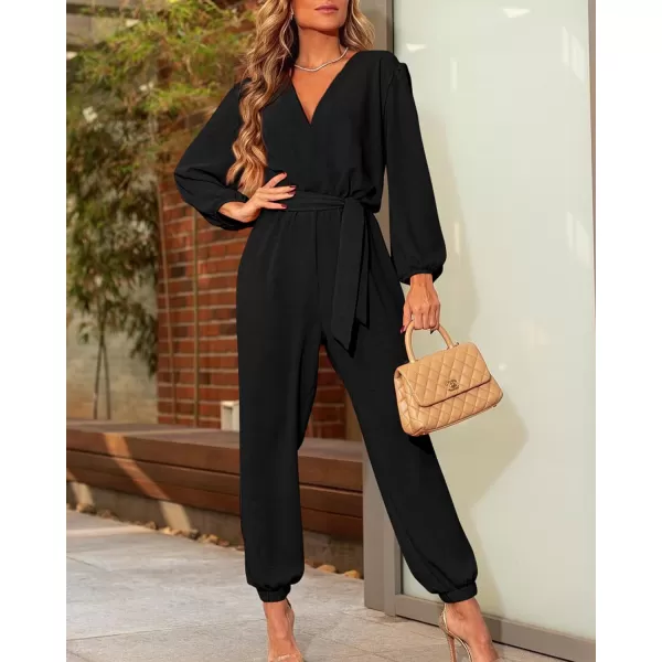 imageBTFBM Womens Fall Long Sleeve Jumpsuits Dressy Casual One Piece Outfits V Neck High Waist Belt Pocket Long Pants RomperSolid Black