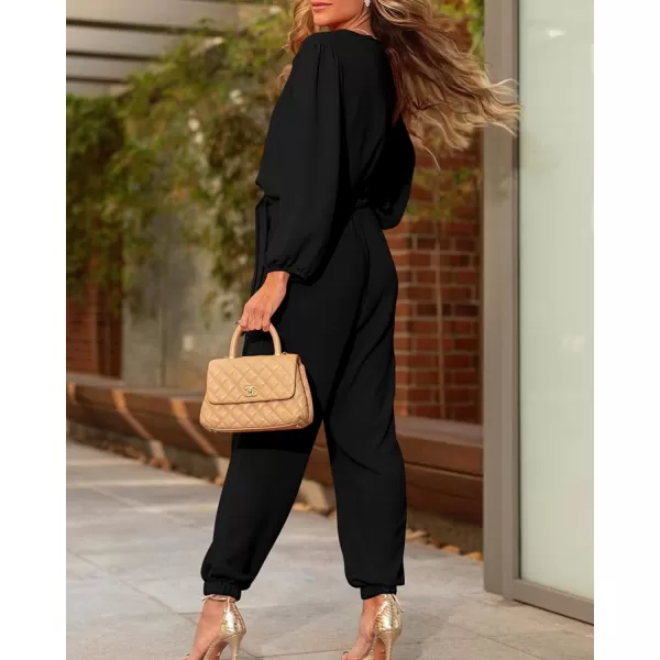 imageBTFBM Womens Fall Long Sleeve Jumpsuits Dressy Casual One Piece Outfits V Neck High Waist Belt Pocket Long Pants RomperSolid Black