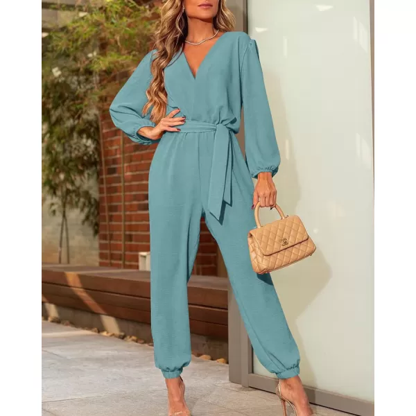 imageBTFBM Womens Fall Long Sleeve Jumpsuits Dressy Casual One Piece Outfits V Neck High Waist Belt Pocket Long Pants RomperSolid Blue Green